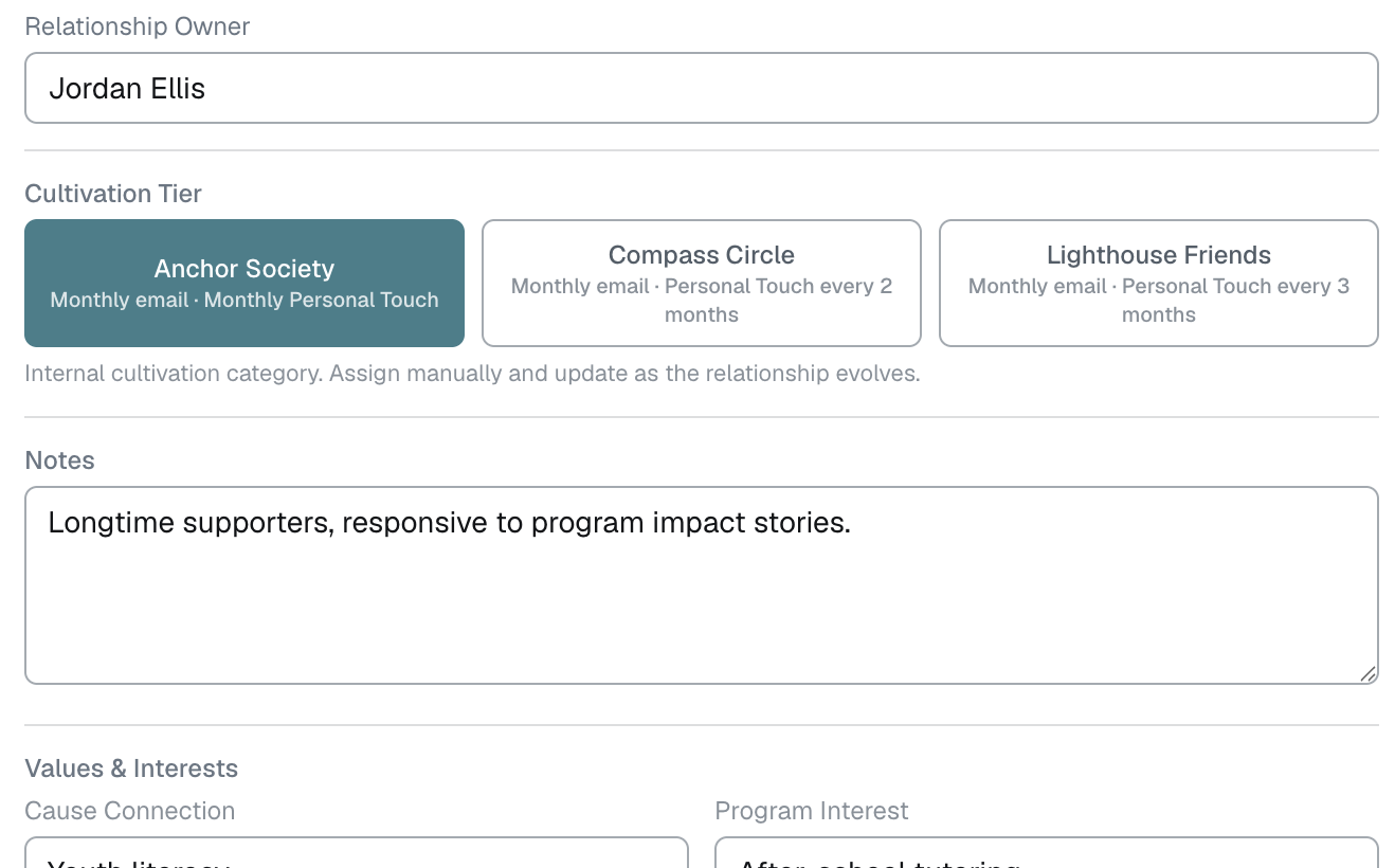 DevFloHQ donor cultivation tier, notes, values, and interests