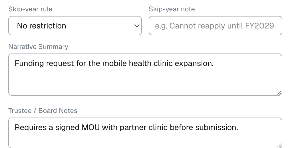 Grant record showing skip-year rules, narrative summary, and funding requirements